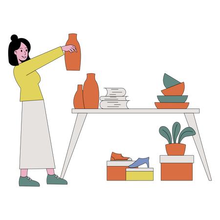 Femme vendant des chaussures et des objets artisanaux sur un marché aux puces  Illustration