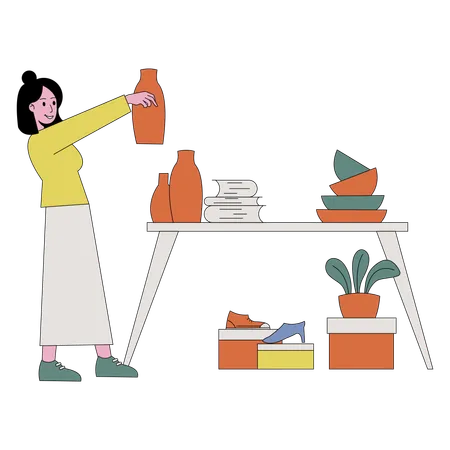 Femme vendant des chaussures et des objets artisanaux sur un marché aux puces  Illustration