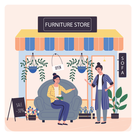 Femme vérifiant un canapé dans un magasin de meubles  Illustration