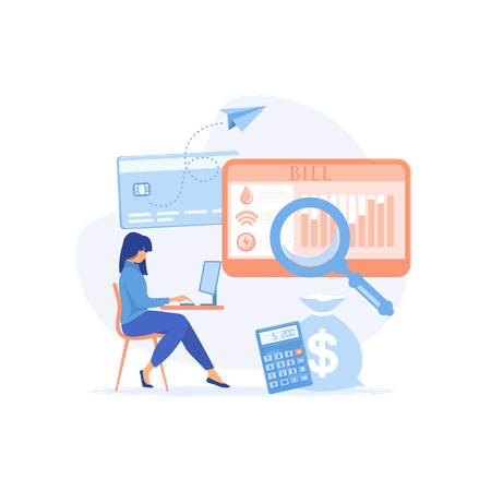 Femme vérifiant et payant ses factures de services publics en ligne sur son ordinateur, elle vérifie le relevé.  Illustration