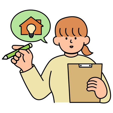 Femme vérifiant la liste de contrôle d'économie d'énergie à la maison  Illustration