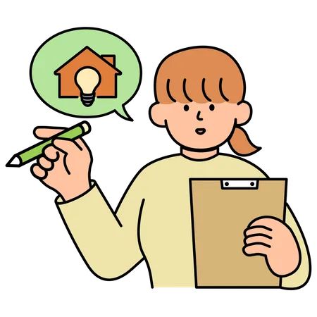 Femme vérifiant la liste de contrôle d'économie d'énergie à la maison  Illustration