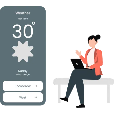 Femme vérifiant la température météo sur téléphone  Illustration