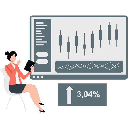 Une femme vérifie les bénéfices de la bourse  Illustration