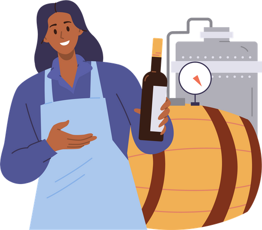 Femme vigneronne présentant une nouvelle bouteille de vin  Illustration