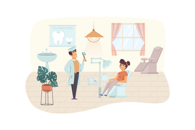 Femme visitant une clinique dentaire pour un contrôle ou une procédure de traitement Illustration