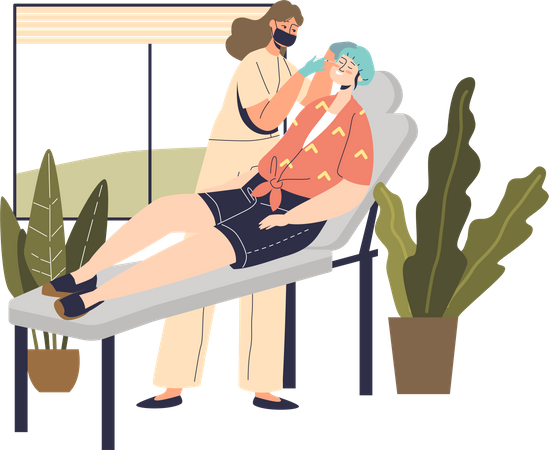 Une femme rend visite à un cosmétologue pour obtenir une procédure de spa relaxante ou un traitement de la peau dans un salon de bien-être  Illustration