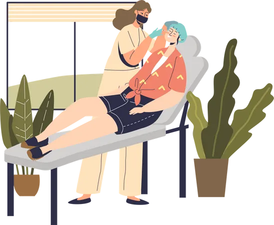 Une femme rend visite à un cosmétologue pour obtenir une procédure de spa relaxante ou un traitement de la peau dans un salon de bien-être  Illustration