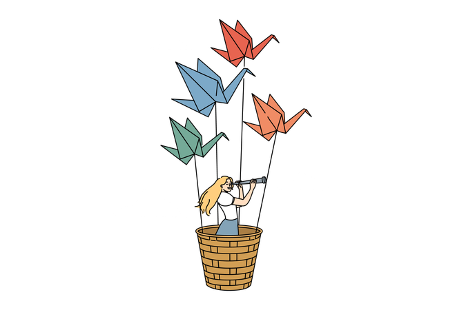 Femme vole en parachute d’avion en papier  Illustration