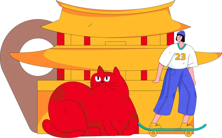 Femme voyageant en Chine avec un chat  Illustration