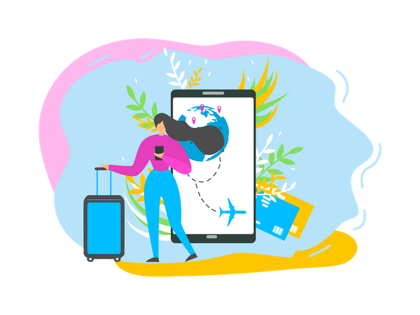 Femme voyageuse recherchant des horaires de vol, planifiant un voyage, réservant des billets d'avion avec une application mobile  Illustration