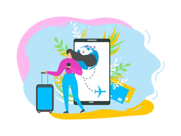 Femme voyageuse recherchant des horaires de vol, planifiant un voyage, réservant des billets d'avion avec une application mobile  Illustration