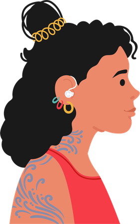 Femme vue de profil avec prothèse auditive et tatouages décoratifs  Illustration