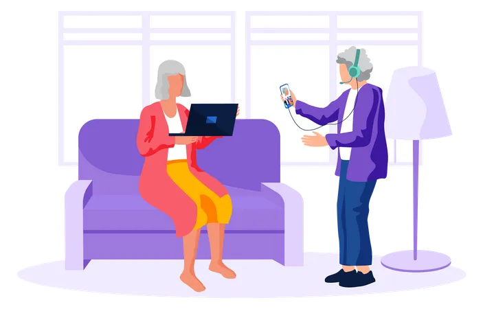 Femmes âgées utilisant un ordinateur portable et un mobile  Illustration