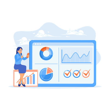 Femmes analysant des graphiques et des diagrammes et planifiant une stratégie marketing  Illustration