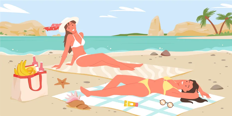 Femmes prenant un bain de soleil à la plage  Illustration