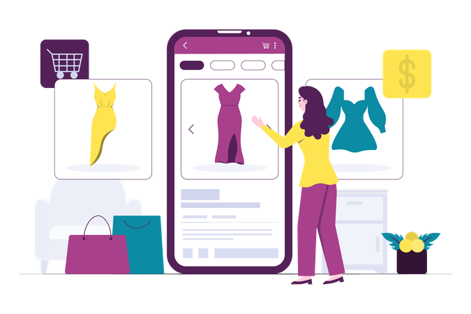 Femmes choisissant une robe lors d'achats en ligne à l'aide d'applications mobiles  Illustration