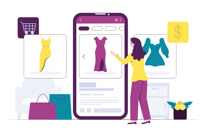 Femmes choisissant une robe lors d'achats en ligne à l'aide d'applications mobiles  Illustration