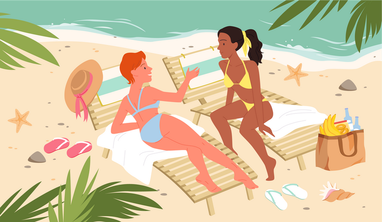 Femmes bavardant en bronzant sur la plage  Illustration