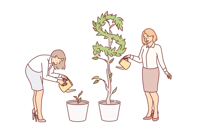 Les femmes d'affaires arrosant les plantes obtiennent des résultats différents sous forme de dividendes en espèces provenant des investissements  Illustration
