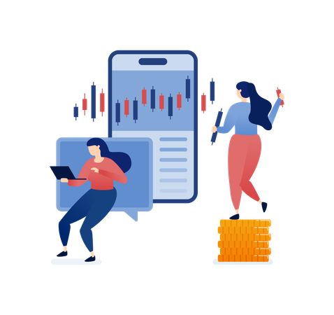 Les femmes dans l'investissement et le trading utilisent des applications mobiles pour le trading d'actions et de crypto-monnaies  Illustration