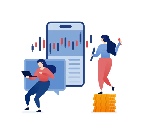 Les femmes dans l'investissement et le trading utilisent des applications mobiles pour le trading d'actions et de crypto-monnaies  Illustration