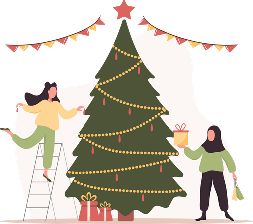 Les femmes décorent le sapin de Noël  Illustration