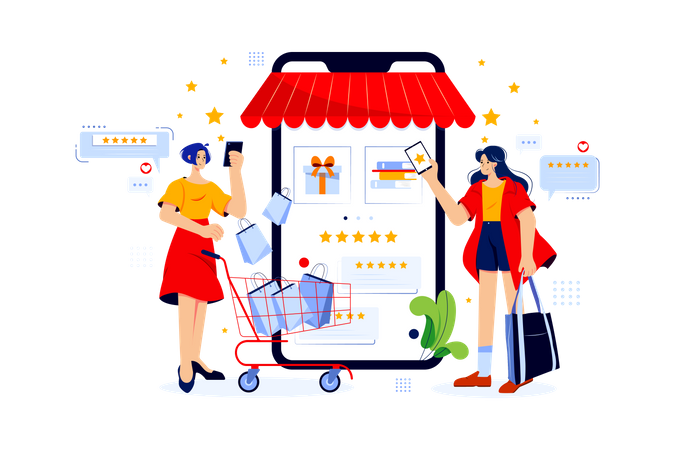 Femmes donnant leur avis sur les achats en ligne  Illustration