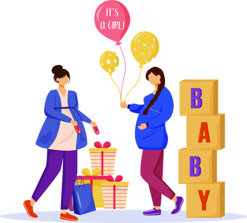 Femmes enceintes avec des cadeaux de baby shower  Illustration