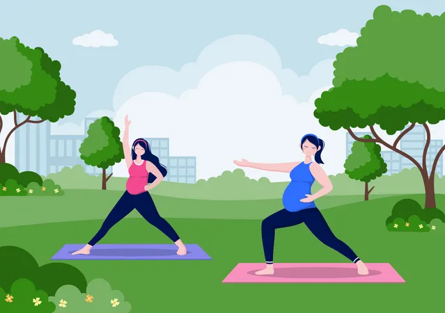 Dames enceintes faisant des poses de yoga avec détente au parc  Illustration