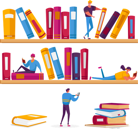 Femmes et hommes lisant dans une bibliothèque assis sur des étagères avec des livres  Illustration