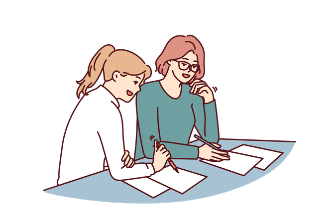Femmes faisant de la paperasse assises à table au bureau de la compagnie d'assurance pendant la conclusion du contrat  Illustration