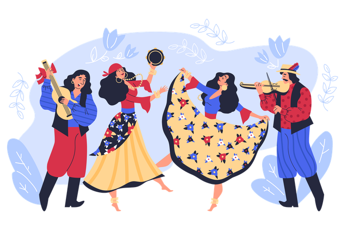 Femmes gitanes dansant dans une longue robe duveteuse et avec un tambourin  Illustration