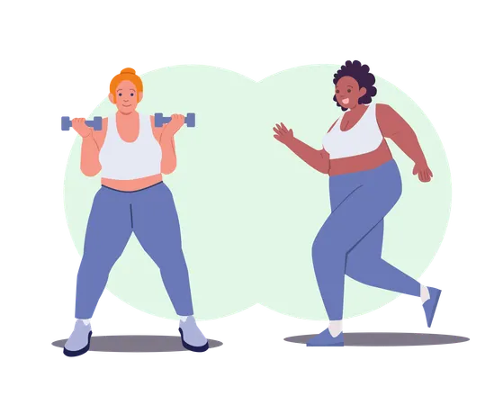Femmes de grande taille pratiquant des exercices de fitness et de cardio-training pour un corps positif  Illustration