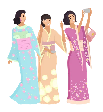 Femmes japonaises cliquent sur un selfie ensemble  Illustration