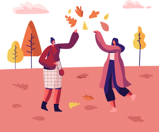 Femmes jouant avec des feuilles dans le parc  Illustration