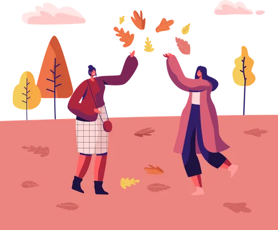 Femmes jouant avec des feuilles dans le parc  Illustration