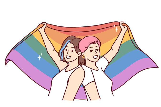 Femmes lesbiennes tenant un drapeau LGBT  Illustration