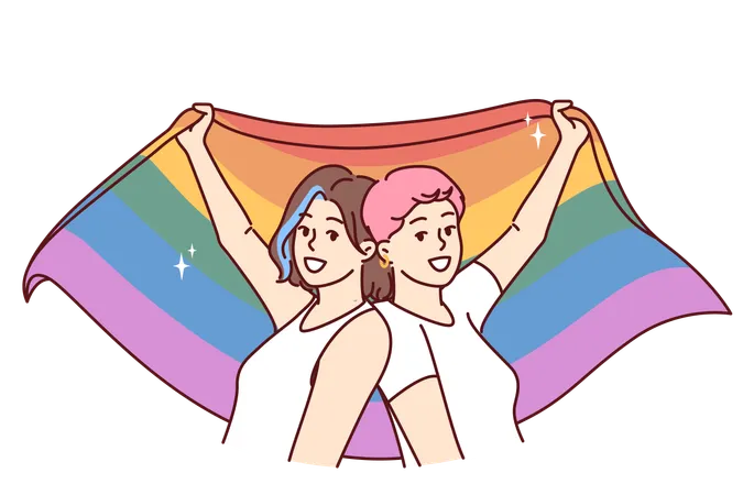 Femmes lesbiennes tenant un drapeau LGBT  Illustration