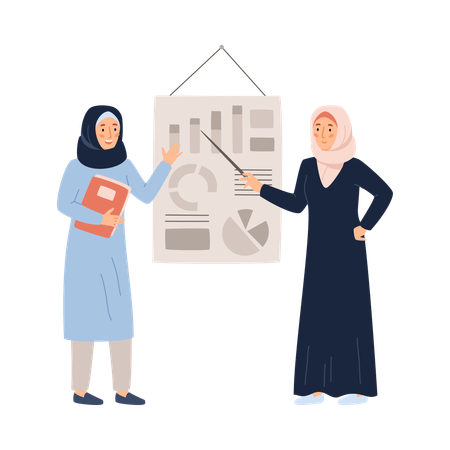 Des femmes musulmanes saoudiennes portent le hijab et font une présentation montrant une feuille de diagramme avec un graphique à secteurs sur le lieu de travail  Illustration