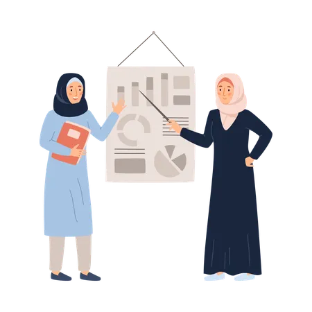 Des femmes musulmanes saoudiennes portent le hijab et font une présentation montrant une feuille de diagramme avec un graphique à secteurs sur le lieu de travail  Illustration