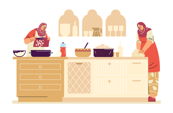 Femmes musulmanes cuisinant dans une cuisine  Illustration