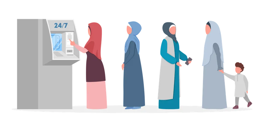 Femmes musulmanes faisant la queue devant un distributeur automatique  Illustration