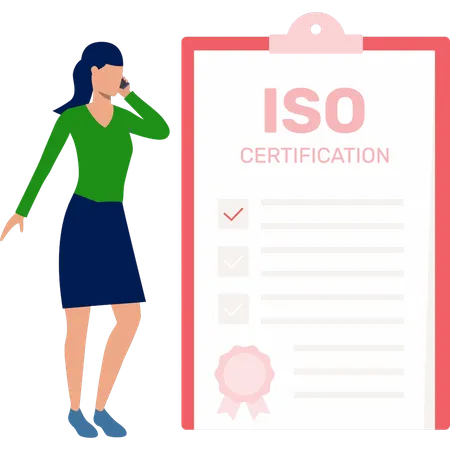 Femmes occupées au téléphone à parler du certificat ISO  Illustration