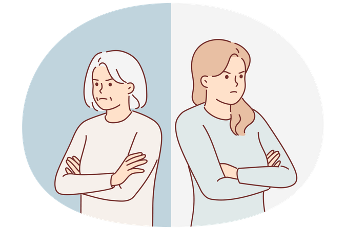 Des femmes offensées d'âges différents se tiennent les bras croisés et regardent de côté après une querelle  Illustration
