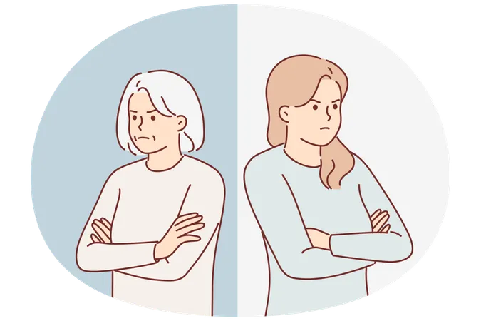 Des femmes offensées d'âges différents se tiennent les bras croisés et regardent de côté après une querelle  Illustration