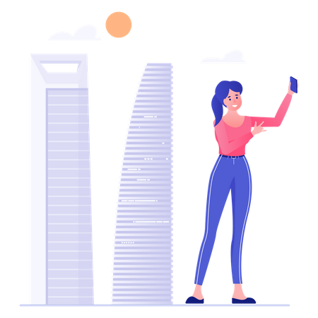 Femmes parlant de selfie au-dessus des bâtiments  Illustration
