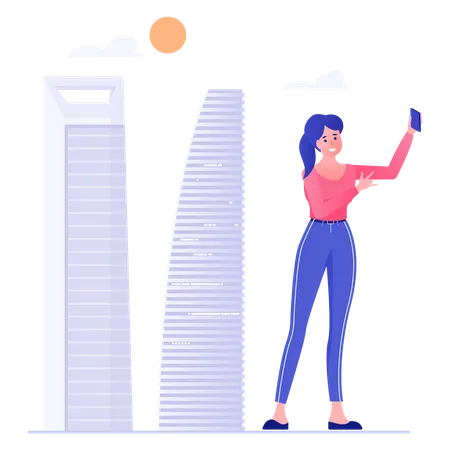 Femmes parlant de selfie au-dessus des bâtiments  Illustration