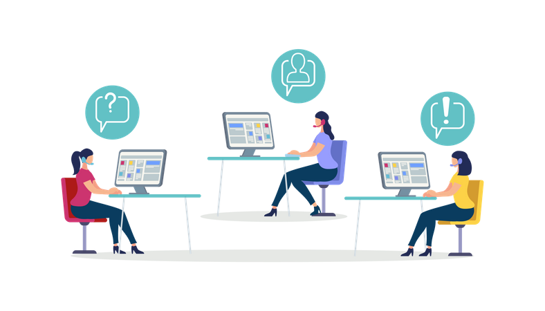 Les femmes portant un casque sont assises à un bureau avec un ordinateur en tant que support client  Illustration