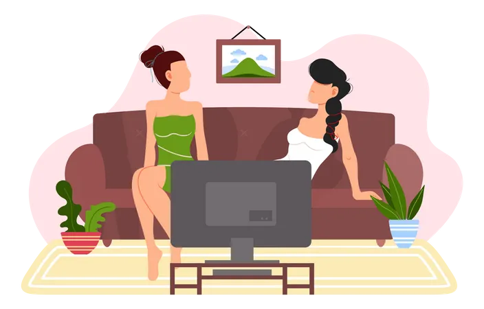 Femmes regardant la télévision assises sur un canapé  Illustration